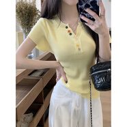 京濮飛彩色V領(lǐng)針織衫女裝多巴胺減齡短袖T恤上衣 黃色 均碼