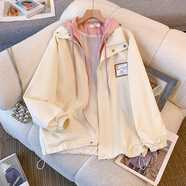 JRET學(xué)院風(fēng)假兩件連帽拼色工裝外套女春秋2025新款寬松休閑夾克棒球服 杏色 S