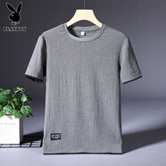 花花公子（PLAYBOY）冰絲亞麻短袖T恤男夏季時(shí)尚潮流體恤中國(guó)風(fēng)運(yùn)動(dòng)棉麻純色男裝 098灰色 M 90-105斤