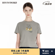 IIIVIVINIKO【設(shè)計(jì)師款】2025夏季新款簡(jiǎn)約時(shí)尚可愛(ài)貓咪印花短款T恤女 淺灰色 S