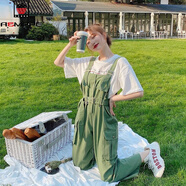 AEMAPE閨蜜網紅背帶褲套裝女學生韓版寬松顯瘦春秋2025新款連體闊腿褲夏 草木綠單件背帶褲  M 建議95-115斤