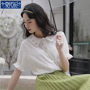 莫代爾2025新款花邊刺繡花朵短袖襯衫女夏設計感小眾甜美波點提花襯衣 白色 M (建議100斤-108斤)