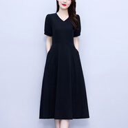 對蘭雪紡連衣裙女裝2025夏季新款赫本風(fēng)氣質(zhì)顯瘦中長(cháng)款小黑裙子有口袋 赫本黑 M