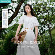 茵曼度假風(fēng)腰繩收腰連衣裙夏季女裝百搭溫柔燈籠袖氣質(zhì)長(cháng)裙珍珠白  S