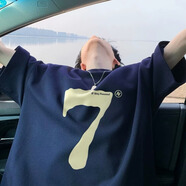PMWRUN數(shù)字7印花純棉T恤男夏季美式復(fù)古痞帥炸街短袖情侶半袖體恤上衣服 純棉 藏藍(lán) M