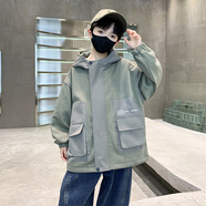 淘迪貓男童外套春秋季新款時尚潮酷百搭中大童休閑男童上衣舒適男孩外套 豆綠色 150 (均 碼) 建議身高135-145穿