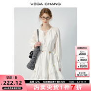 VEGA CHANG法式連衣裙女2025年秋季新款度假風(fēng)喇叭袖V領(lǐng)高級感氣質(zhì)白色裙子 云朵白（長袖） S