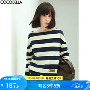 COCOBELLA藍白條紋一字領(lǐng)長袖T恤女秋時尚船領(lǐng)針織上衣TS625 條紋 M