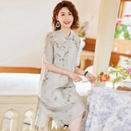 帕絲特新中式國風(fēng)盤(pán)扣復古立領(lǐng)開(kāi)叉旗袍裙優(yōu)雅雪紡連衣裙淺綠 XL