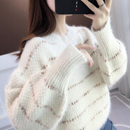 Avmko秋冬新款女裝套頭日系寬松外穿慵懶風(fēng)亮片刺繡毛衣毛絨絨打底上衣 米白 2XL