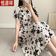 恒源祥短袖棉綢中長款連衣裙夏季顯瘦新款寬松印花遮肚子小個子連衣裙 蝙蝠袖杏底樹葉-旗艦款 M 【建議95-105斤左右】