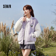 Semir森馬羅小黑外套女夾棉夾克寬松冬季仿兔毛拼色棒球服休閑 紫色調(diào)00377 L