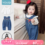 優(yōu)奇女寶寶牛仔背帶褲套裝褲子?jì)胗變嚎蓯鄢扰呵锛就獬鲆路婪?花朵背帶褲+花邊上衣 90