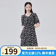 艾萊依（ERAL）商場(chǎng)同款連衣裙女泡泡袖花影連衣裙V領(lǐng)設(shè)計(jì)感碎花裙子小清新長(zhǎng)裙 黑底色花 L 165/88A