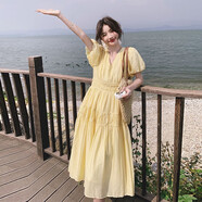 冉藝嵐同款鵝黃色泡泡袖V領連衣裙女中長款2025夏季新款法式風情萬種初 鵝黃色連衣裙 新款面料升級版 L 125斤內(nèi)