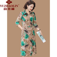 俞兆林中年媽媽七分袖連衣裙有領(lǐng)氣質(zhì)2025新款中老年女夏裝中袖薄長裙子 綠色大花 2XL (參考105-120斤)