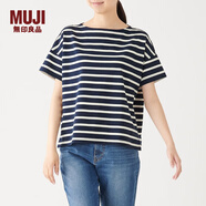 無印良品 MUJI 女式 粗棉線 天竺編織 一字領(lǐng)寬版T恤 W9AB182 海軍藍(lán)X圖案 M-L