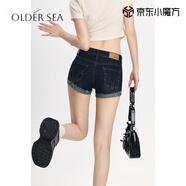 OLDER SEA美式復古辣妹牛仔短褲女夏季低腰顯瘦褲子卷邊超短褲包臀a字熱褲 藍色 S 80-95斤