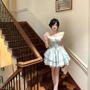 小野七天夏季新款藍色連衣裙小個子精致甜美小飛袖溫柔碎花收腰公主風裙子 藍色 M