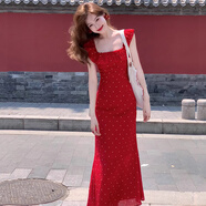 妙奕嘉新中式紅色碎花連衣裙紅裙子女夏季女裝2025新款海邊沙灘長(zhǎng)裙草原 紅色波點(diǎn)甜美木耳邊方領(lǐng)連衣裙 L 【建議80-110斤】
