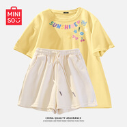 名創(chuàng)優(yōu)品（MINISO）運(yùn)動(dòng)套裝女夏季2025年新款純棉短袖小個(gè)子休閑夏裝搭配一整套女裝 鵝黃(m夢幻陽光)+奶白 M 160(不褪色不變形)