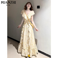 棉致法式荷葉邊v領(lǐng)黃色碎花連衣裙女夏季2025新款溫柔氣質(zhì)收腰長裙 405圖片色【高品質(zhì)42.5】 S 80-90斤