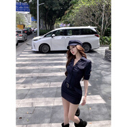 現(xiàn)寶蓮藏藍色氣質(zhì)v領(lǐng)半袖連衣裙女夏季修身工裝裙子仿牛仔收腰包臀短裙 藏藍色 S