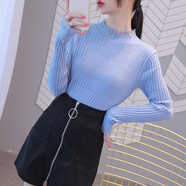 矜持范毛衣女針織衫女秋冬季2025新款荷葉領(lǐng)長袖修身內(nèi)搭打底衫木耳邊 藍(lán)色 S 建議75-95斤