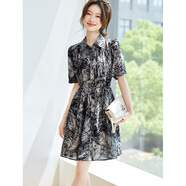 卡薩羅澳（KSSALOAO）高端品牌翻領(lǐng)印花襯衫連衣裙女2025夏季新款小個子系帶收腰連衣裙 黑色 M 建議100-115斤