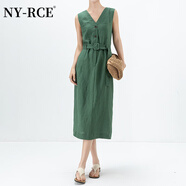 NY-RCE法式背心裙夏季新款亞麻系帶單排扣V字領(lǐng)氣質(zhì)顯瘦中長連衣裙 綠色 L