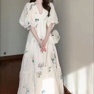芳透法式復古印花寬松度假連衣裙女夏季2025新款超仙長(cháng)裙大碼孕婦可穿 白色 雪紡印花連衣裙 L  建議110-125斤
