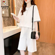 啄木鳥(niǎo)大d碼休閑運(yùn)動(dòng)套裝女2025夏韓版時(shí)尚寬松圓領(lǐng)短袖五分中褲兩件套 白色 M