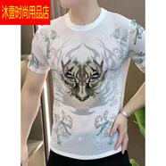 UOSO甄選男裝高春夏虎頭印花燙鉆休閑圓領(lǐng)T恤時尚短袖 白色高___ 白色高___ M _(90-115斤)__
