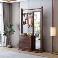榆品添成新中式烏金木全實(shí)木臥室客廳衣帽架置物架掛衣架帶穿衣鏡一體時(shí)尚 新中衣帽架