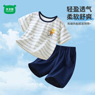 迷你木木屋兒童短袖套裝夏季男童女童純棉條紋T恤短褲兩件套 雜技獅子  130 