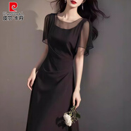 皮爾卡丹（pierre cardin）法式輕奢赫本風(fēng)網(wǎng)紗連衣裙女士夏季新款高級感時尚減齡顯瘦連衣裙 黑色連衣裙 L 建議100-115斤