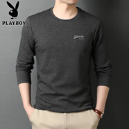 花花公子（PLAYBOY）中年休閑長袖T恤男士春秋純色薄款純棉體恤男衣服長袖t圓領(lǐng)打底衫 R9862黑灰 M 165/105/48100-115斤