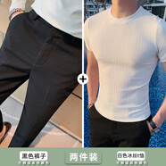 九牧王男褲專(zhuān)家旗營(yíng)店華夫格休閑西褲男薄款長(cháng)褲商務(wù)西裝褲修身小腳免燙感西服褲子 黑色褲子+白色短袖t恤 33 (140-150斤)