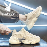 花花公子（PLAYBOY）鞋子男鞋2025春夏季透氣新款百搭休閑鞋男士運動厚底老爹鞋板鞋男 米色 PL160775 42