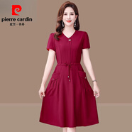 皮爾卡丹（pierre cardin）氣質(zhì)媽媽裝新款短袖連衣裙遮肉顯瘦中年女時(shí)尚中長(cháng)裙系帶顯瘦裙子 紅色 XL 建議85-105斤