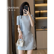 歌芭杉（GEBASHAN）品牌女裝氣質(zhì)名媛小香風(fēng)輕奢連衣裙法式重工釘珠花朵短袖直筒裙子 天藍(lán)色 M