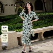 納薇（naivee）商場(chǎng)同款收腰茶歇裙經(jīng)典V領(lǐng)法式印花碎花連衣裙女 青藍 S