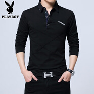 花花公子（PLAYBOY）秋裝男士體恤有領(lǐng)純棉長袖T恤翻領(lǐng)加大碼單穿修身上衣胖人打底衫 黑色長衣袖【不加絨】 L 建議118-136斤