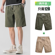 我的速度休閑短褲男夏季外穿夏天純棉松緊腰中褲寬松馬褲過(guò)膝男士五分褲子 軍綠+卡其【2件裝更劃算】 XL