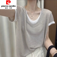 皮爾卡丹（pierre cardin）雪花棉短袖t恤假兩件U領(lǐng)字母印花大碼女裝百搭遮肚子顯瘦上衣 杏色2502 冰感雪花棉 XL 建議120-140斤