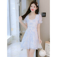 莫代爾小清新蝴蝶結綁帶收腰碎花連衣裙2026年夏季新款時(shí)尚簡(jiǎn)約顯瘦短裙 淡藍色 L