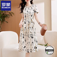羅蒙（ROMON）桑蠶絲碎花連衣裙女夏季新款高端氣質(zhì)時(shí)尚顯瘦垂感別致漂亮真絲裙 米白色 M