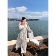 多巴胺假日出游設計感南法度假絕美仙女印花露背掛脖吊帶大擺長(cháng)裙 花色 M