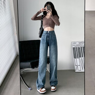 以純（YISHion）牛仔褲女春秋款小個子高腰顯瘦垂感直筒寬松闊腿拖地褲 復(fù)古藍長褲 S