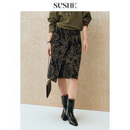 束皙SUSHE 曲回 淡雅國風(fēng) 立體鎏金提花不對稱(chēng)斜擺高密毛呢半身裙 永夜熔金 M
